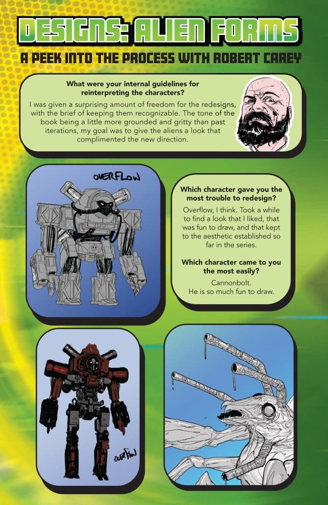 An interview page featuring Robert Carey discussing character redesigns with sketches of two alien characters, Overflow and Cannonbolt, in a comic style.