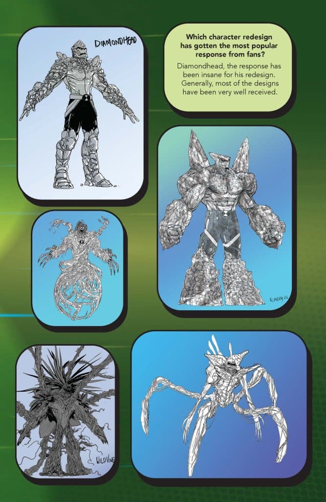 A collection of redesigned character illustrations featuring Diamondhead, Wildvine, and other characters, highlighting fan responses to the redesigns.