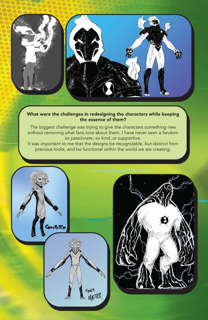 A collage of character redesigns featuring a superhero in black armor, an alien figure, and a muscular character, accompanied by text discussing the challenges of maintaining character essence in redesigns.
