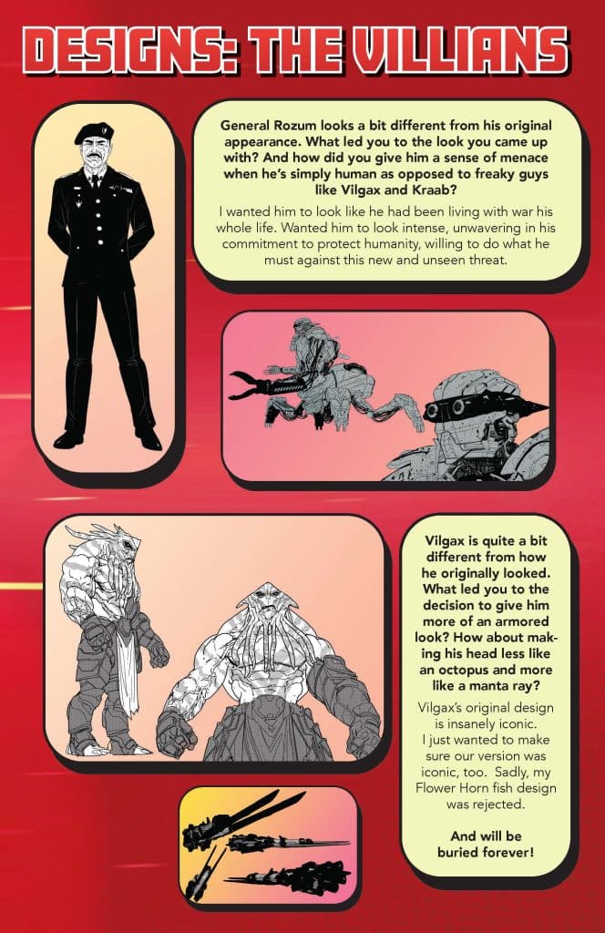 Illustration showcasing character designs for villains, including General Rozum and Vilgax, accompanied by character descriptions and design notes.