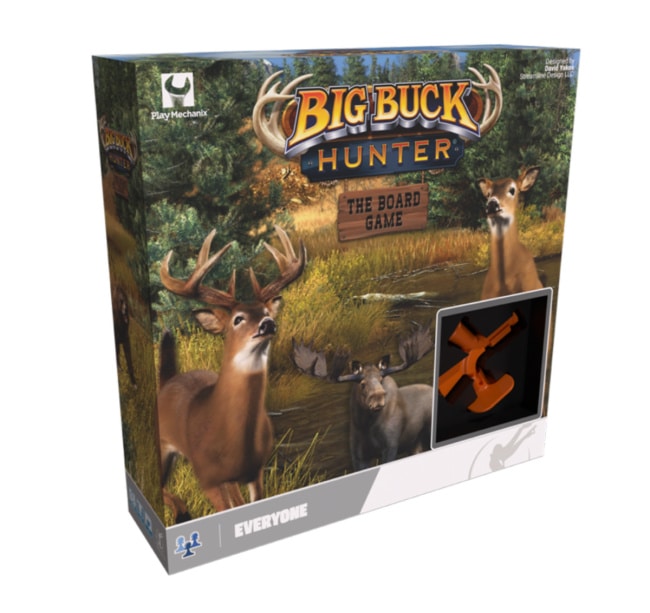 Box of the 'Big Buck Hunter' board game featuring deer, a forest background, and a game piece design.