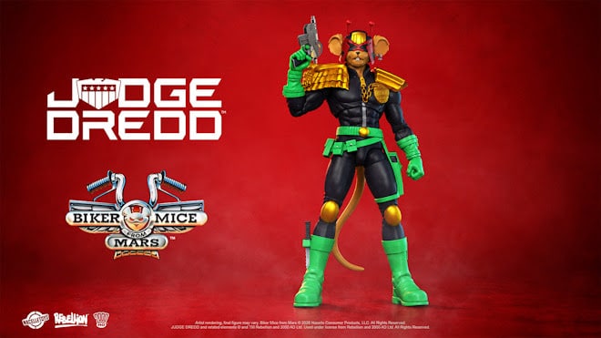 A collectible action figure of Judge Dredd from Biker Mice from Mars, depicted as a humanoid mouse wearing a black outfit with green accents and gold shoulder armor. He holds a pistol, standing against a red background.