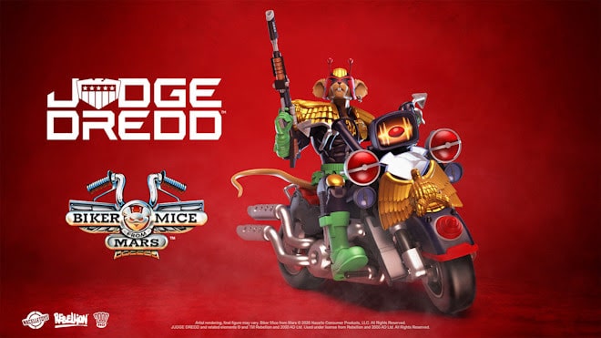 An action figure of Judge Dredd riding a motorcycle, with a red background. The figure is detailed with armor and accessories related to the character.