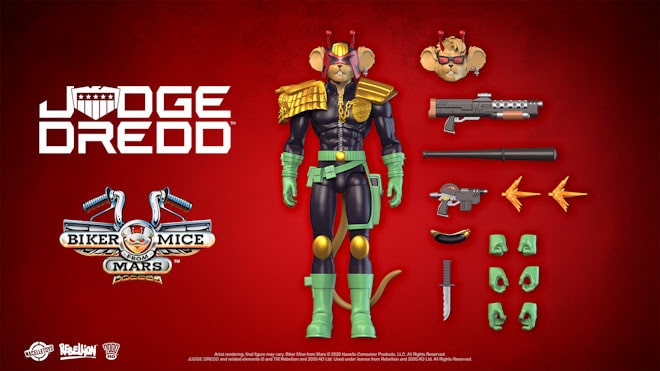 Action figure of Judge Dredd from Biker Mice from Mars, featuring multiple accessories including weapons and an alternate head, set against a red background.