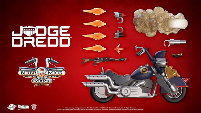 A graphic featuring Judge Dredd with accessories including various weapons and a motorcycle, set against a red background.