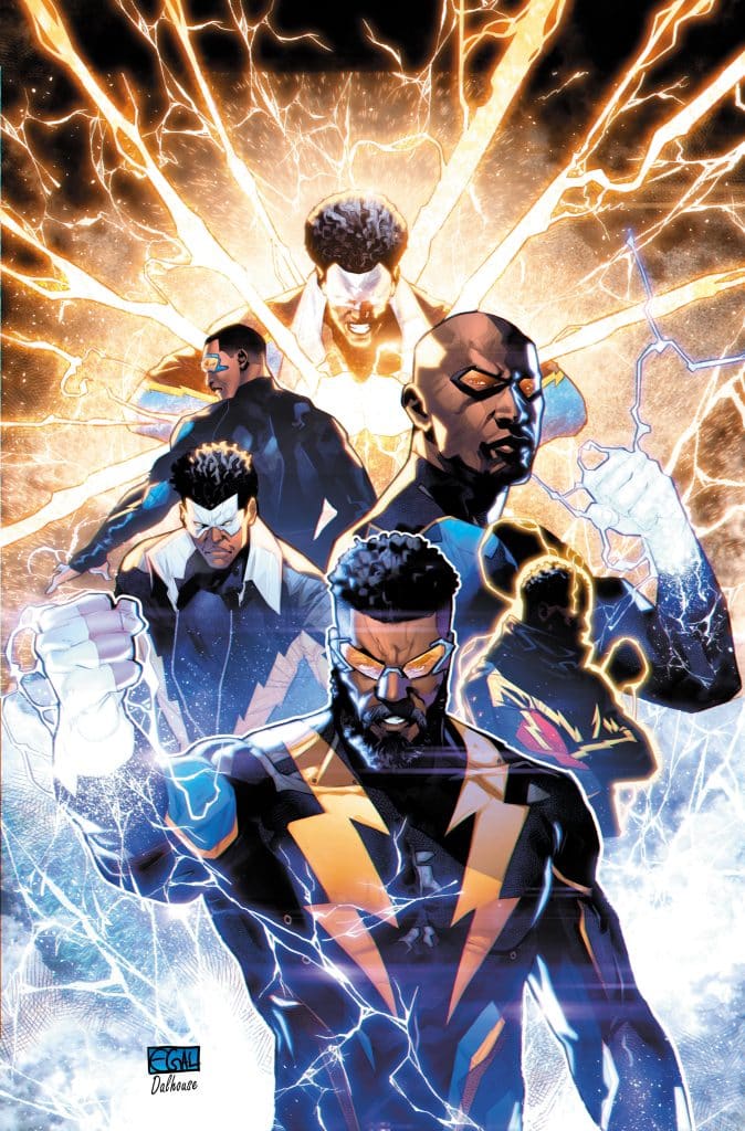 A dynamic comic book illustration featuring several iterations of a superhero with electric powers, showcasing their strength and energy amidst a background of lightning bolts.