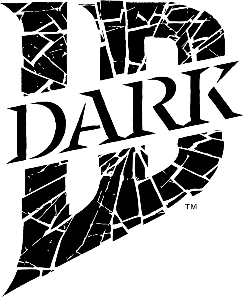 A stylized letter 'D' with the word 'DARK' integrated into the design, featuring a cracked texture and sharp edges.