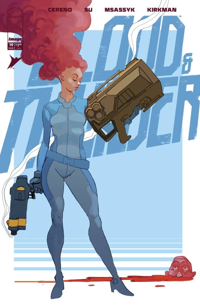 A comic book cover featuring a female character with vibrant red curly hair, wearing a blue suit, holding a futuristic weapon, with a dramatic background featuring the title 'Blood & Thunder'.