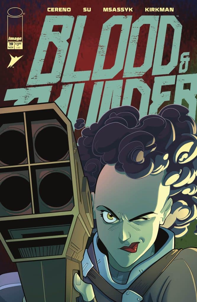 Comic book cover for 'Blood & Thunder' featuring a fierce female character aiming a futuristic weapon, with a bold graphic style and dynamic colors.