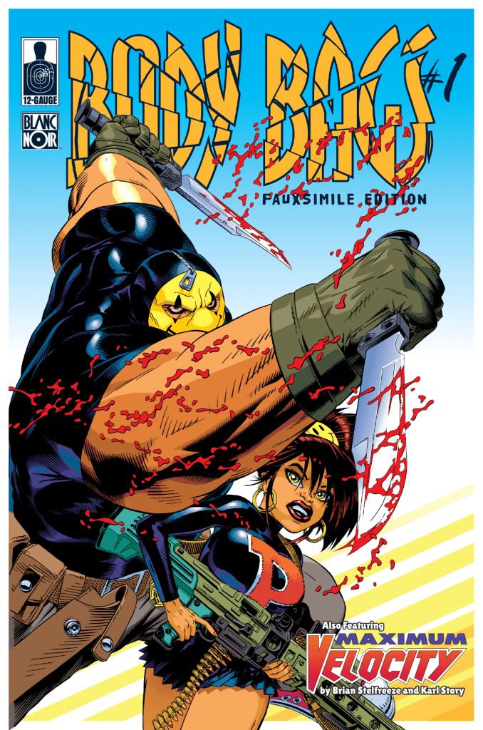 A comic book cover featuring a muscular character wielding a sword covered in blood, alongside a female character holding a weapon. The background is colorful with the title 'BODY BAGS #1' prominently displayed.