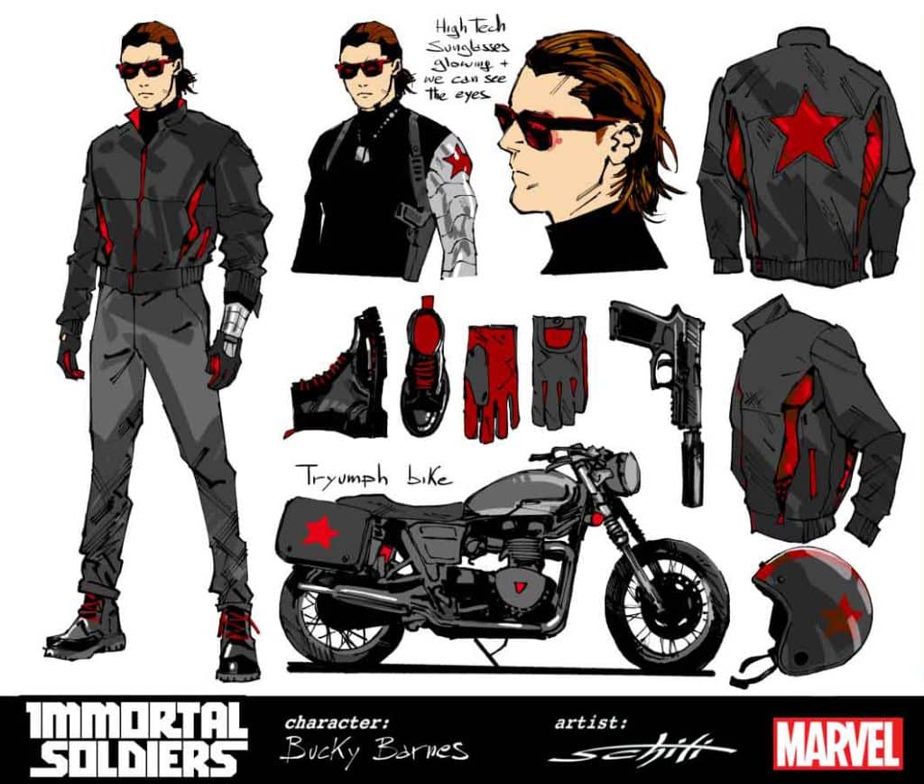 Concept art featuring Bucky Barnes from Marvel's 'Immortal Soldiers,' showcasing his high-tech sunglasses, motorcycle, gloves, and various outfits with a focus on red and black colors.