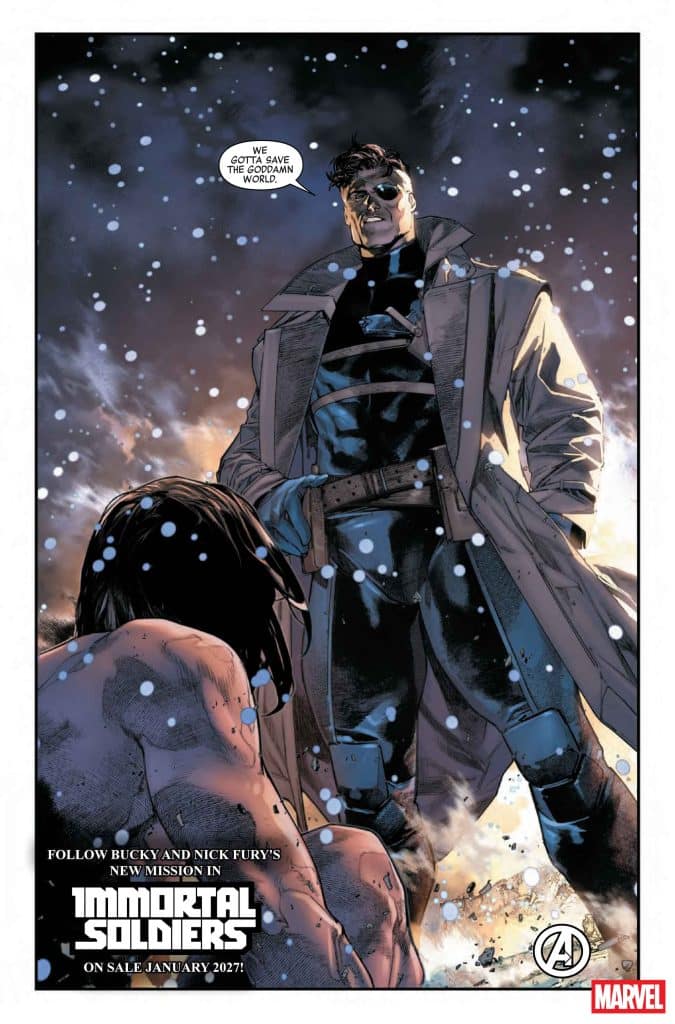 A comic book image featuring two characters in snowy surroundings. One character, dressed in a long coat, stands confidently while speaking the words, 'We gotta save the goddamn world.' The other character is seated on the ground, looking weary. The title 'Immortal Soldiers' is prominently displayed at the bottom.