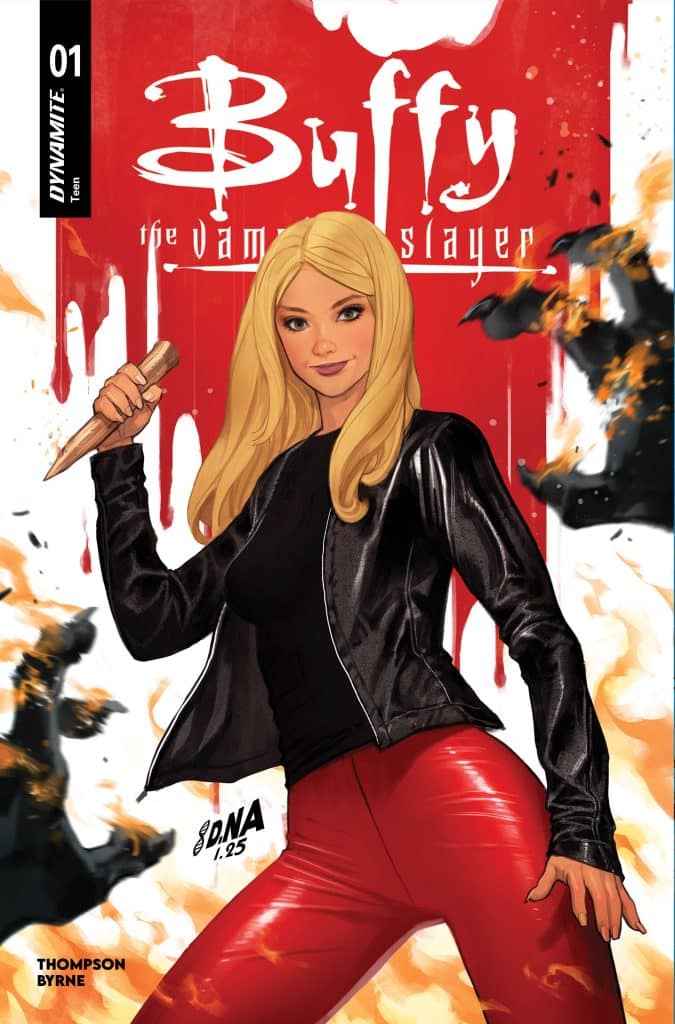 Comic book cover featuring a blonde female character dressed in a black jacket and red pants, holding a wooden stake, with a vibrant red background and action elements.