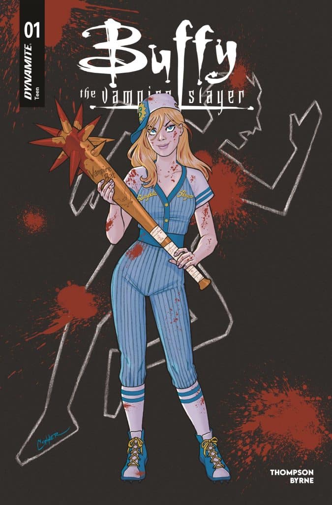 Comic book cover featuring a female character resembling a vampire slayer, dressed in a stylish blue outfit with athletic stripes and holding a bat with spikes, surrounded by blood splatters.