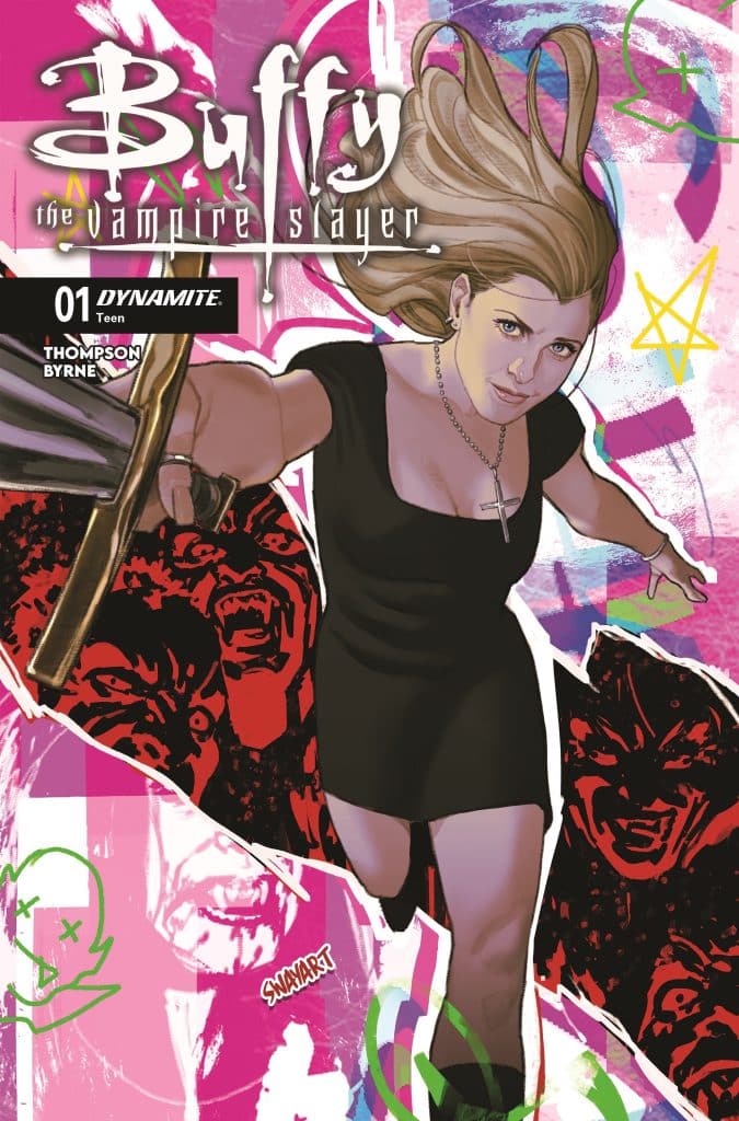 Cover art for 'Buffy the Vampire Slayer' comic, featuring Buffy holding a weapon in a dynamic pose, with colorful graphic elements and faces of monsters in the background.