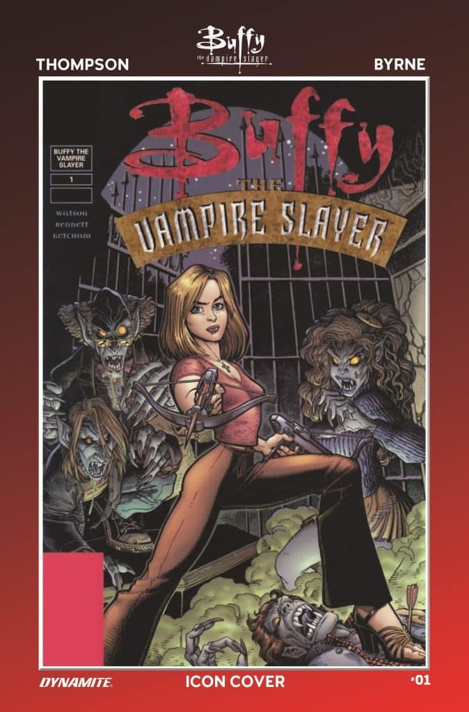 Cover of the comic 'Buffy the Vampire Slayer' featuring a young female character wielding a weapon, surrounded by menacing vampires and monsters.