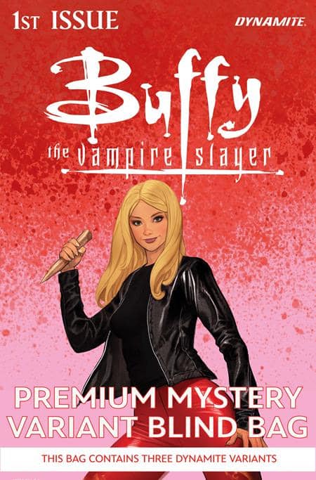 Cover of 'Buffy the Vampire Slayer' comic, featuring a blonde female character holding a stake, with vibrant pink background and text indicating it's a premium mystery variant blind bag.