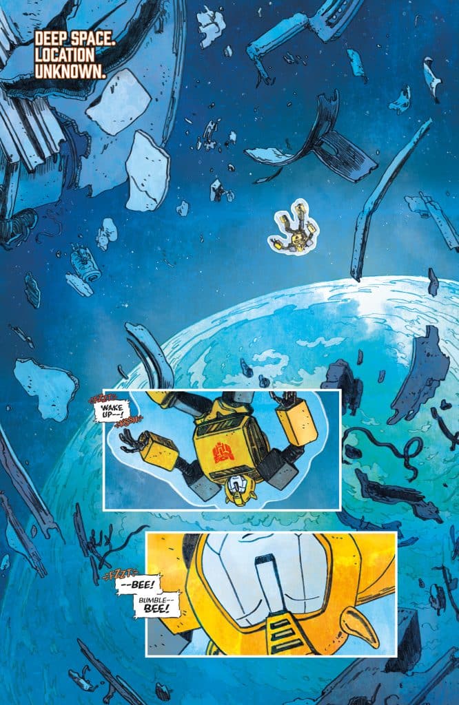 A comic book panel depicting a character in deep space, surrounded by debris and a distant planet. The character, resembling a small robot, appears to be floating aimlessly with speech bubbles indicating sounds and commands.