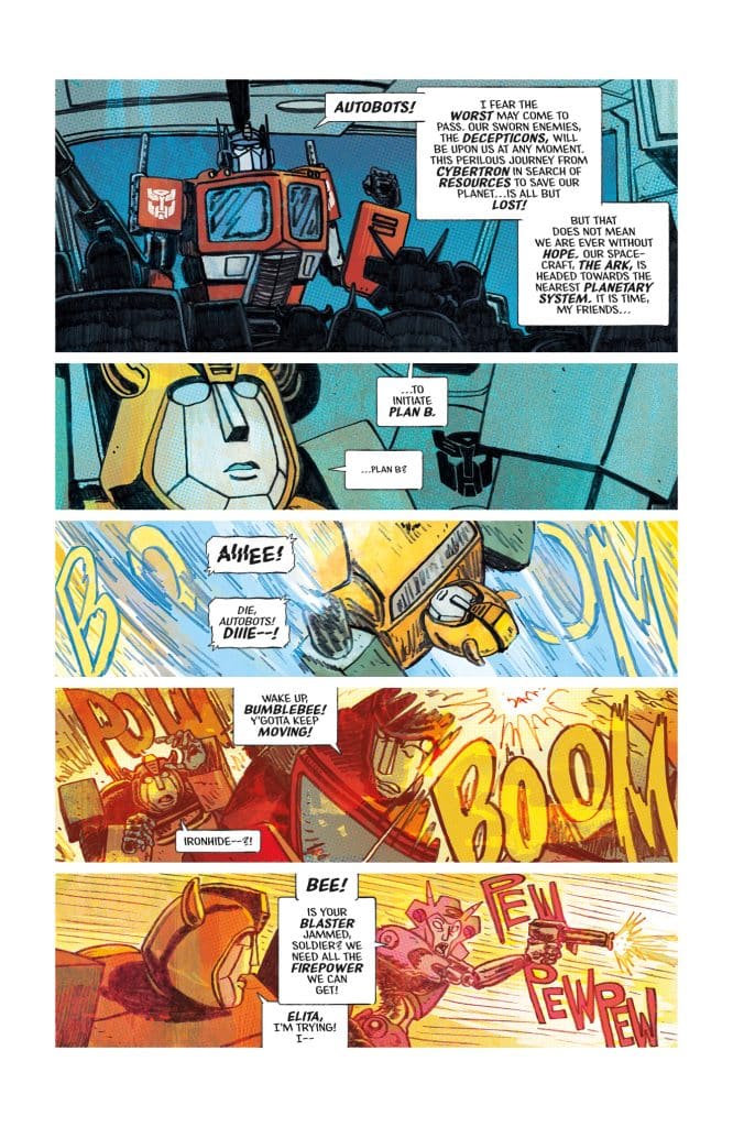 Comic strip featuring Autobot characters in a battle scenario, with scenes of tension as they prepare for conflict against Decepticons, emphasizing themes of urgency and teamwork.