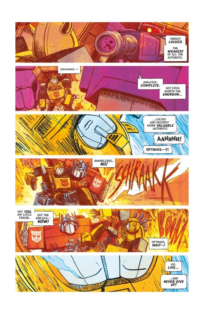 A comic panel featuring Autobots in an action-packed scene. Characters are discussing a strategic analysis, with Shockwave targeting Autobots. Bumblebee attempts to intervene, leading to a dynamic explosion as Optimus Prime delivers a motivational message.