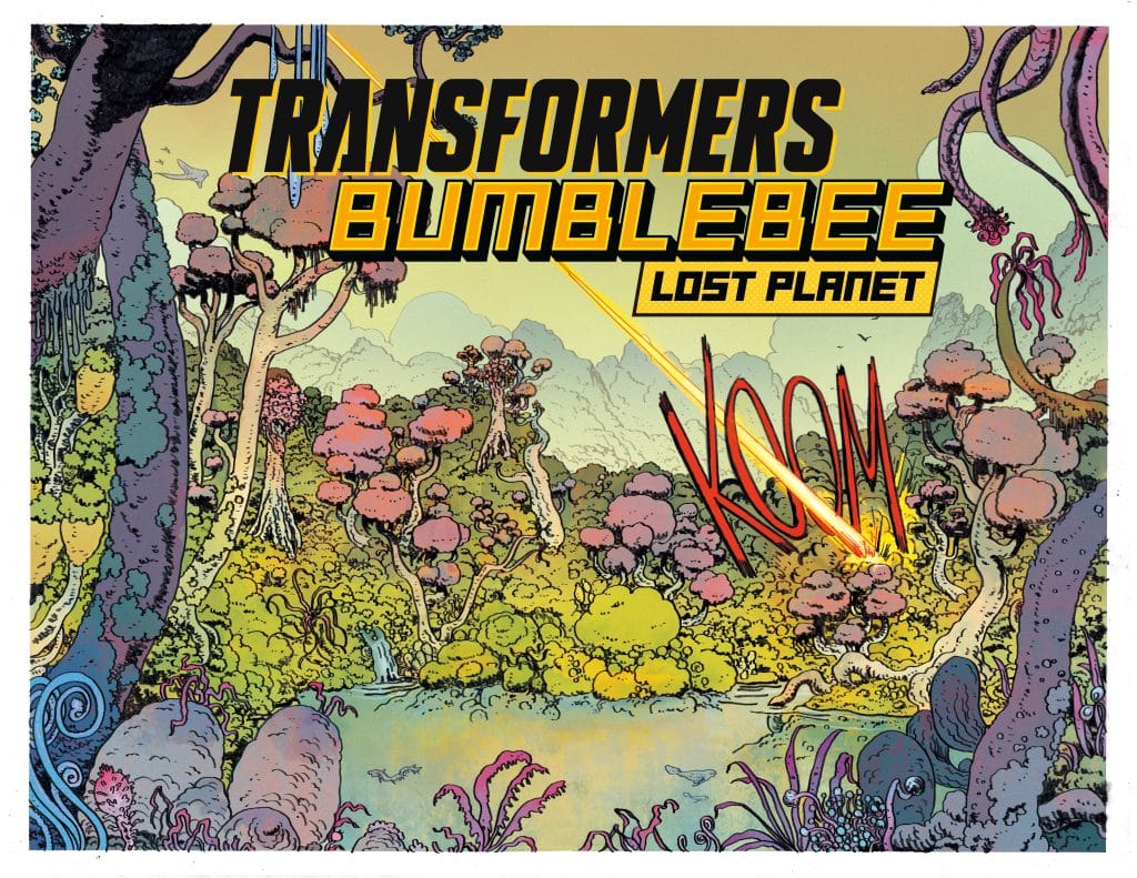 An illustrated scene from 'Transformers: Bumblebee - Lost Planet' featuring a colorful alien landscape with diverse vegetation, mountains in the background, and a dramatic explosion effect labeled 'KOOM'.