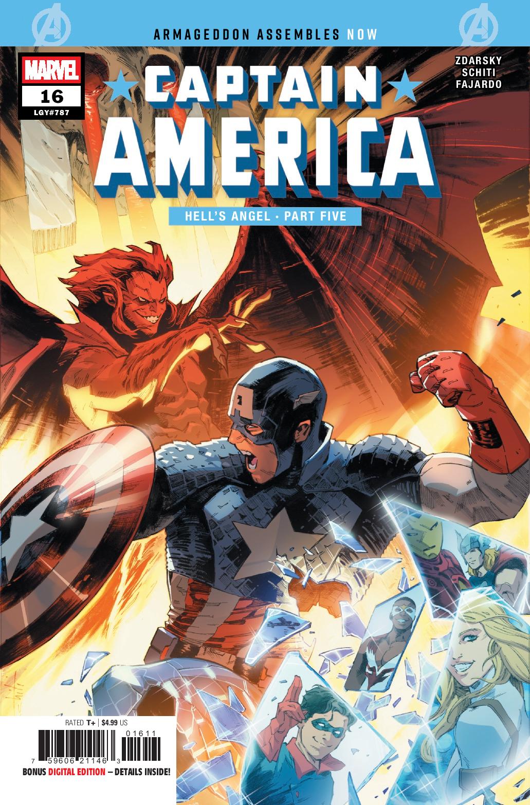 Cover of Captain America #16 featuring Captain America in a dynamic pose wielding his shield against a demon-like character, with colorful action elements and shattered images of various heroes in the background.