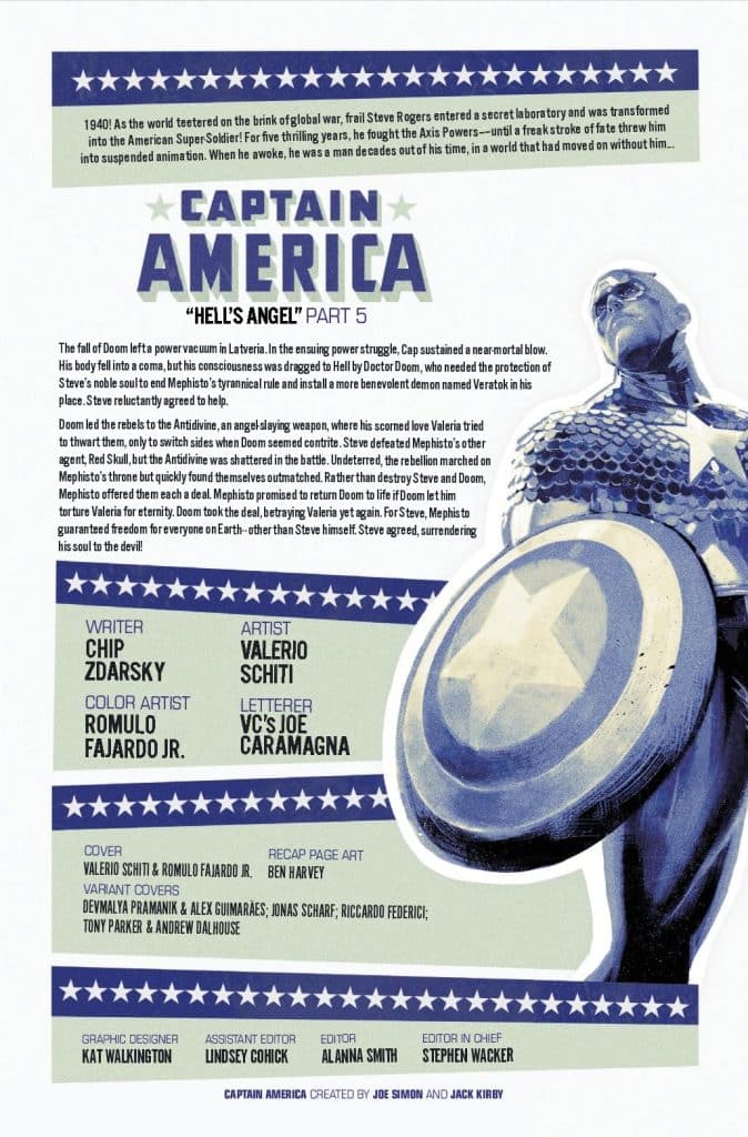 A comic book page featuring Captain America, with a focus on the story titled 'Hell's Angel' Part 5. The artwork includes a depiction of Captain America holding his shield. Text describes a conflict involving Doctor Doom and Steve Rogers, detailing his struggles and character development.