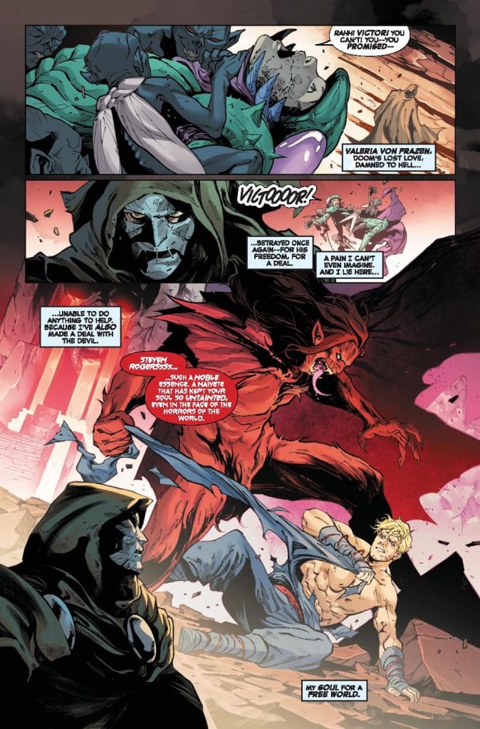 A comic book scene with a hooded figure confronting a red demonic entity, while a distressed character struggles in the background. Dialogue expressing themes of betrayal, freedom, and despair.
