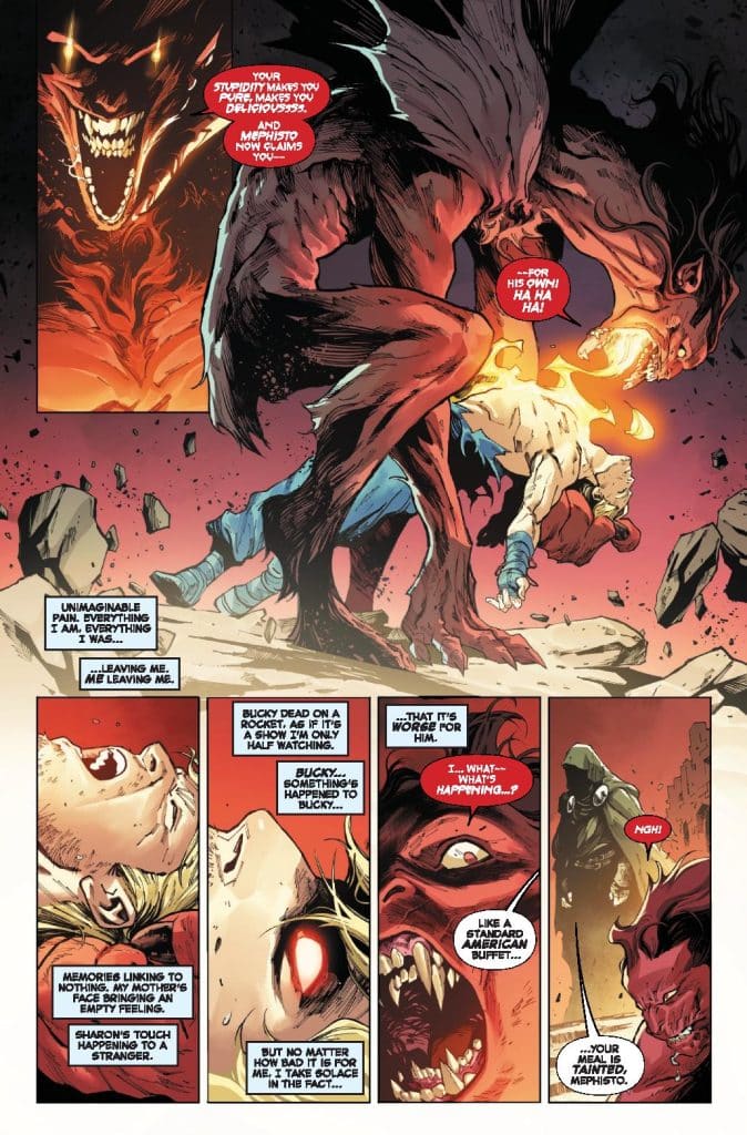 A dramatic comic book panel featuring a large, menacing demon confronting a distressed character on the ground, with fiery imagery in the background. The characters express intense emotions and turmoil, emphasizing themes of danger and betrayal.