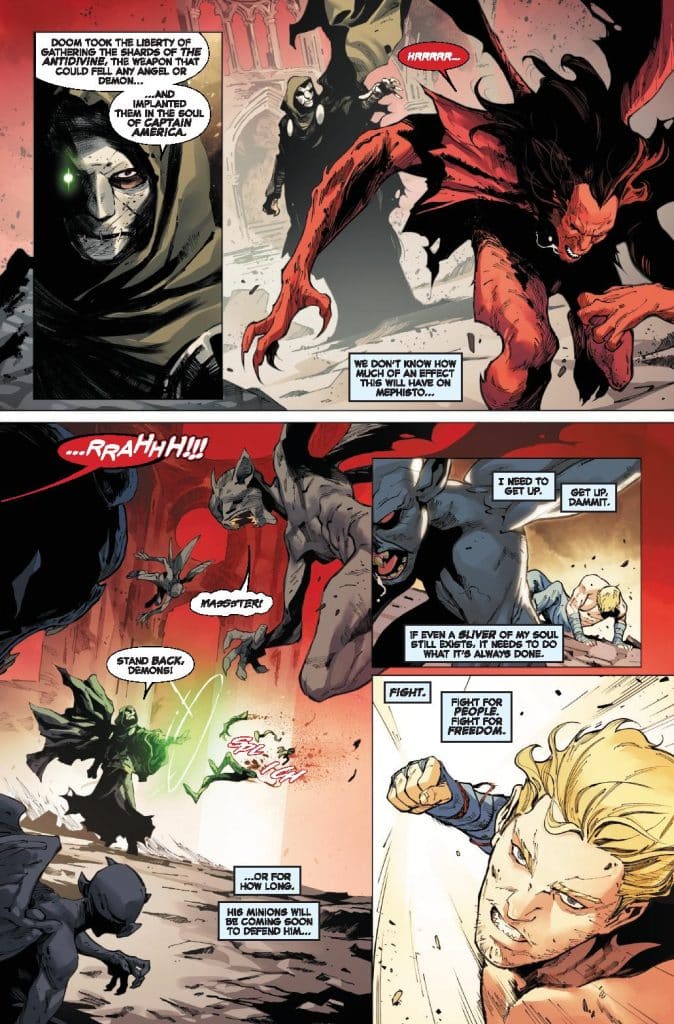 A comic book scene depicting a battle with a mysterious figure cloaked in black, a red demon, and various other characters. Dialogue indicates a struggle against evil forces, with themes of fight and freedom. The background features a desolate landscape with ominous structures.