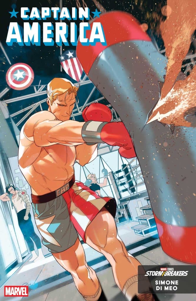 Illustration of Captain America boxing in a gym, showcasing his muscular build and determination. Other characters can be seen training in the background.