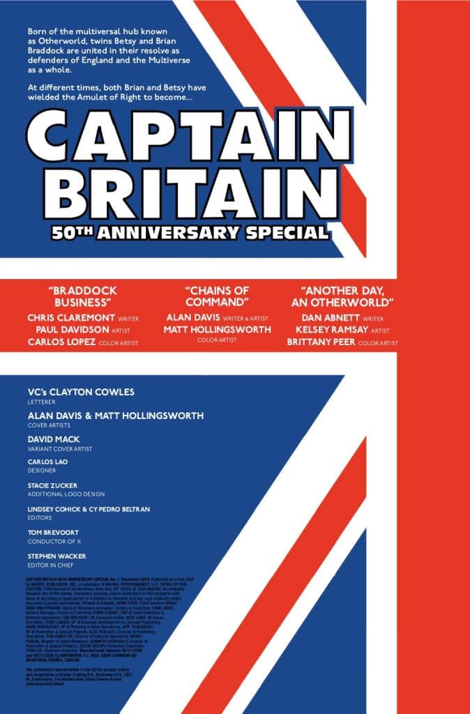 Cover of 'Captain Britain 50th Anniversary Special' featuring a red, white, and blue design inspired by the British flag. The title and contributions of various artists and writers are prominently displayed.