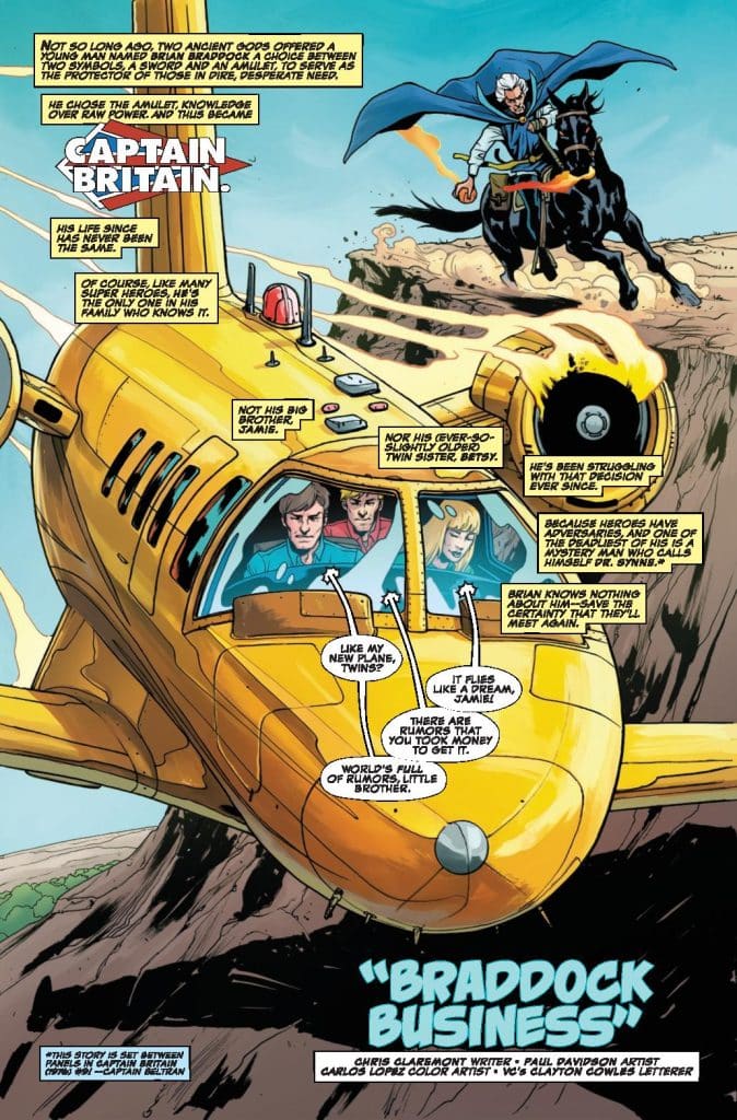 A vibrant comic book page featuring Captain Britain in a yellow aircraft, flying over a rugged landscape. In the cockpit, three characters engage in conversation while another character on horseback approaches from the right side. The scene includes dialogue bubbles and a title reading 'Braddock Business.'