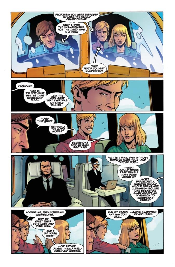 A comic book page featuring multiple characters engaged in a dialogue about championships, suspensions, and rumors. The scene includes a pilot and a female passenger, as well as a stern-looking man in a suit, a woman sitting at a desk with a laptop, and two other characters in close conversation.