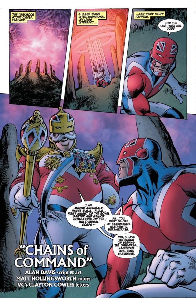 Comic panel featuring two characters in a fantastical setting, discussing interdimensional ley lines. One character is dressed in a colorful superhero outfit, while the other is adorned in regal attire with medals. The background shows mystical rock formations and a swirling sky.