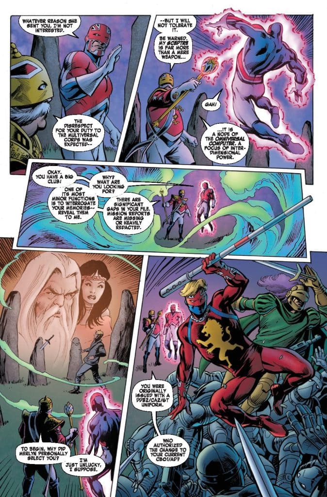 A comic book scene featuring multiple characters engaged in conversation, showcasing a superhero in red and gold discussing a magical artifact with another character in armor. Background elements include mystical symbols and a roster of shadowy figures, highlighting tension and intrigue.