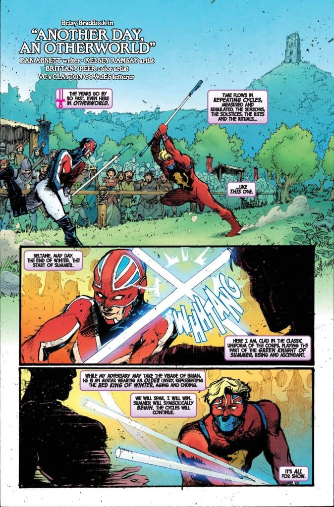 Comic panel featuring characters dressed in colorful superhero costumes, engaging in a sword fight in a vibrant outdoor setting. In the background, a crowd watches the duel. The panel contains dialogue and narrative text about the passage of time and seasonal cycles.