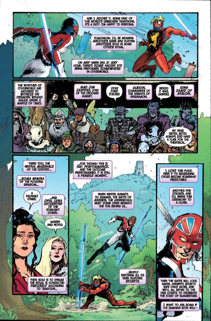 Comic book page featuring characters engaged in a mystical meeting in a vibrant forest setting, discussing rituals and traditions in Otherworld.