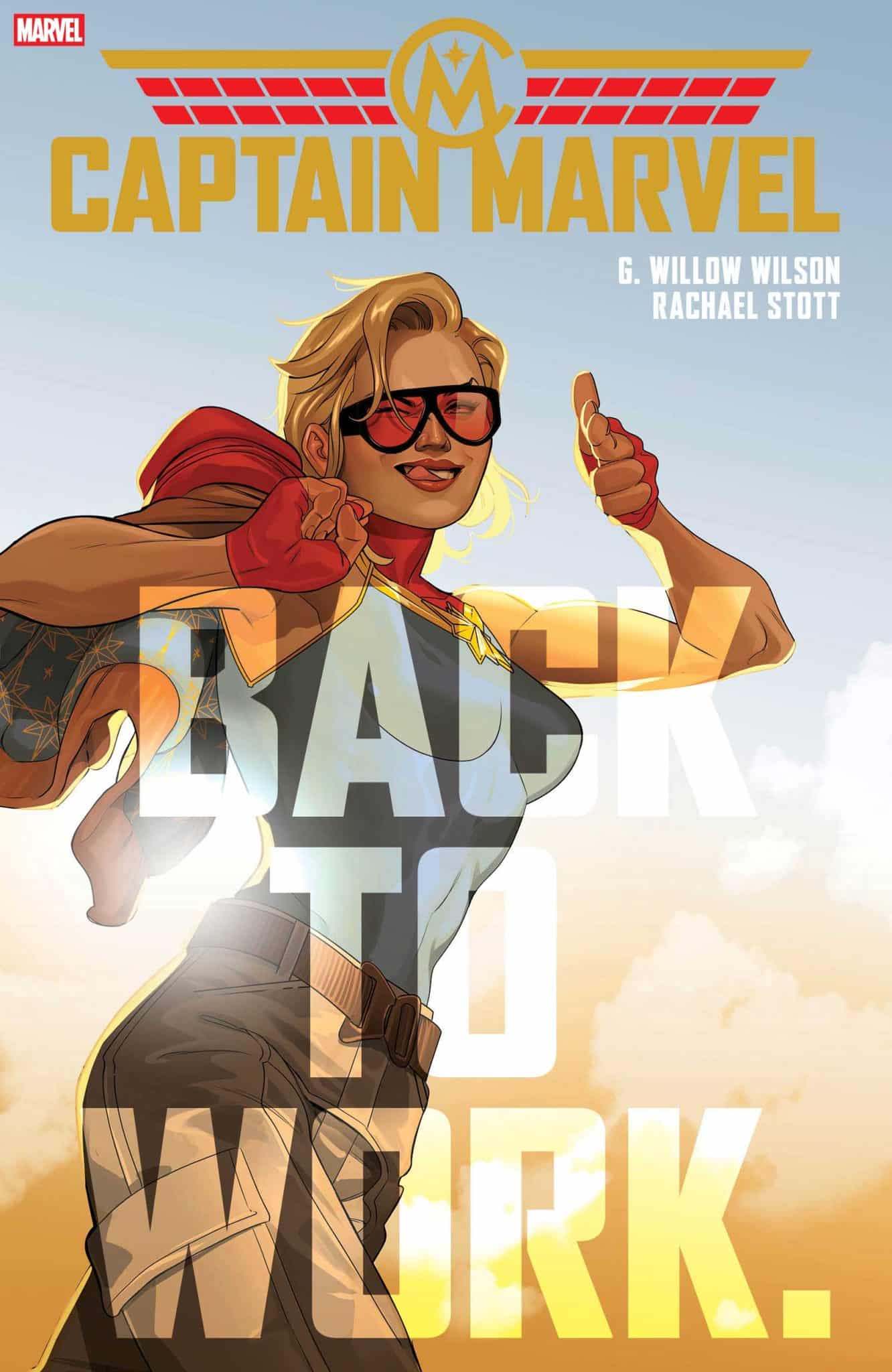 Cover art of Captain Marvel featuring a confident female superhero with sunglasses, a red scarf, and a thumbs-up gesture against a sunny background, with the text 'BACK TO WORK.'