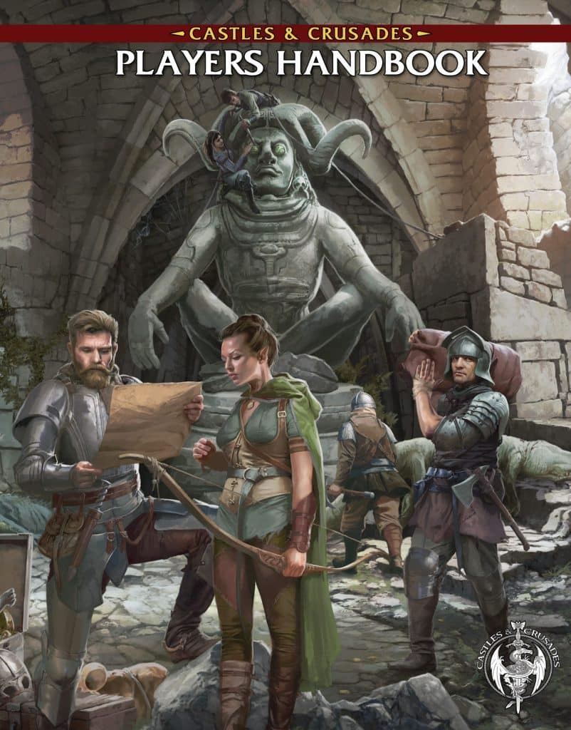 A group of adventurers in a medieval setting examines a map while standing in front of a large stone statue. The scene features a knight in armor, an archer with a bow, and other characters in fantasy attire, surrounded by ancient ruins.