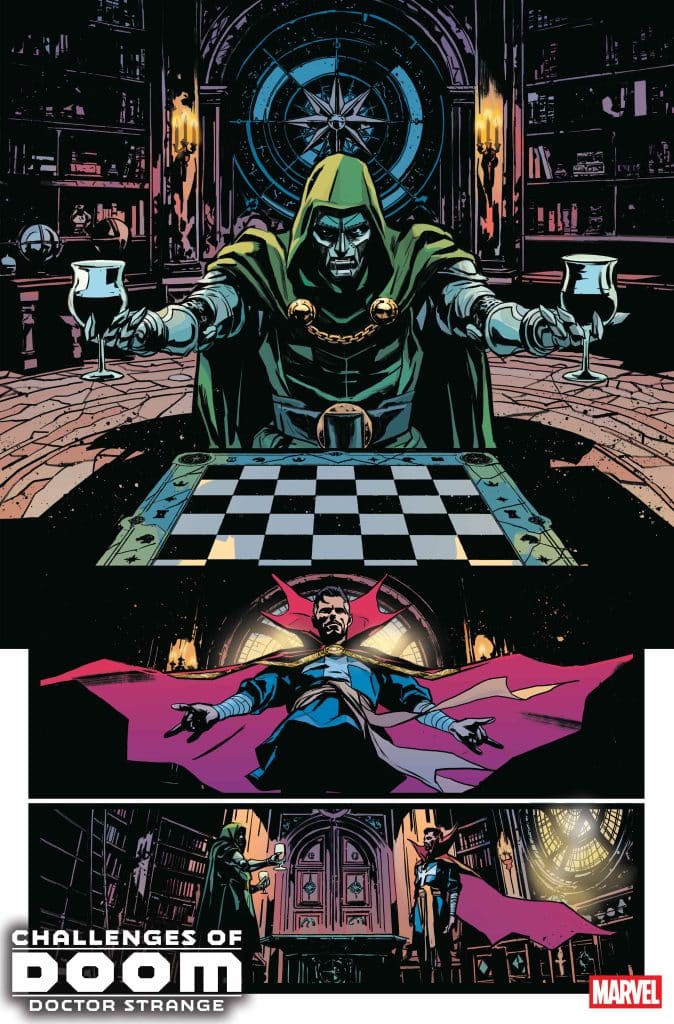 A scene from 'Challenges of Doom' featuring Doctor Doom sitting at a chessboard, holding a goblet, with bookshelves in the background. Below, Doctor Strange stands dramatically in a mystical library setting.