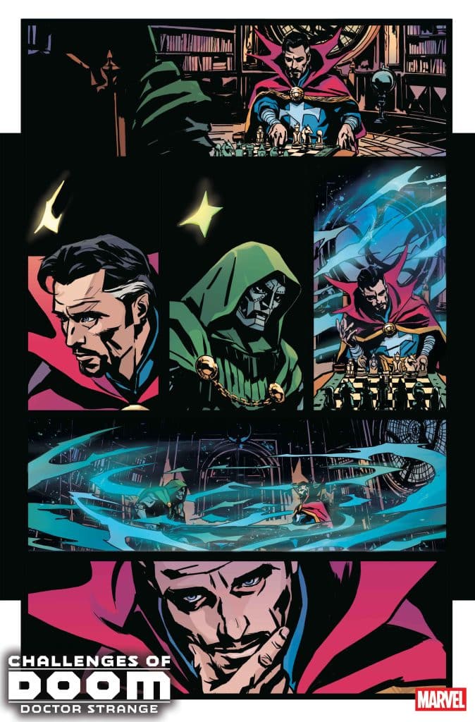 Comic panel scene featuring Doctor Strange and Doctor Doom playing chess in a mystical library, with various magical elements and intense expressions.