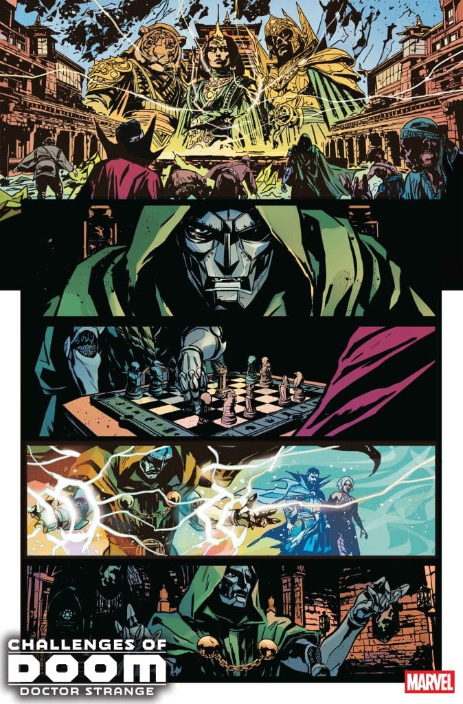 A comic book cover featuring a dramatic scene with Doctor Strange and other characters facing off against Doctor Doom, with various magical and heroic elements presented in a dynamic layout.