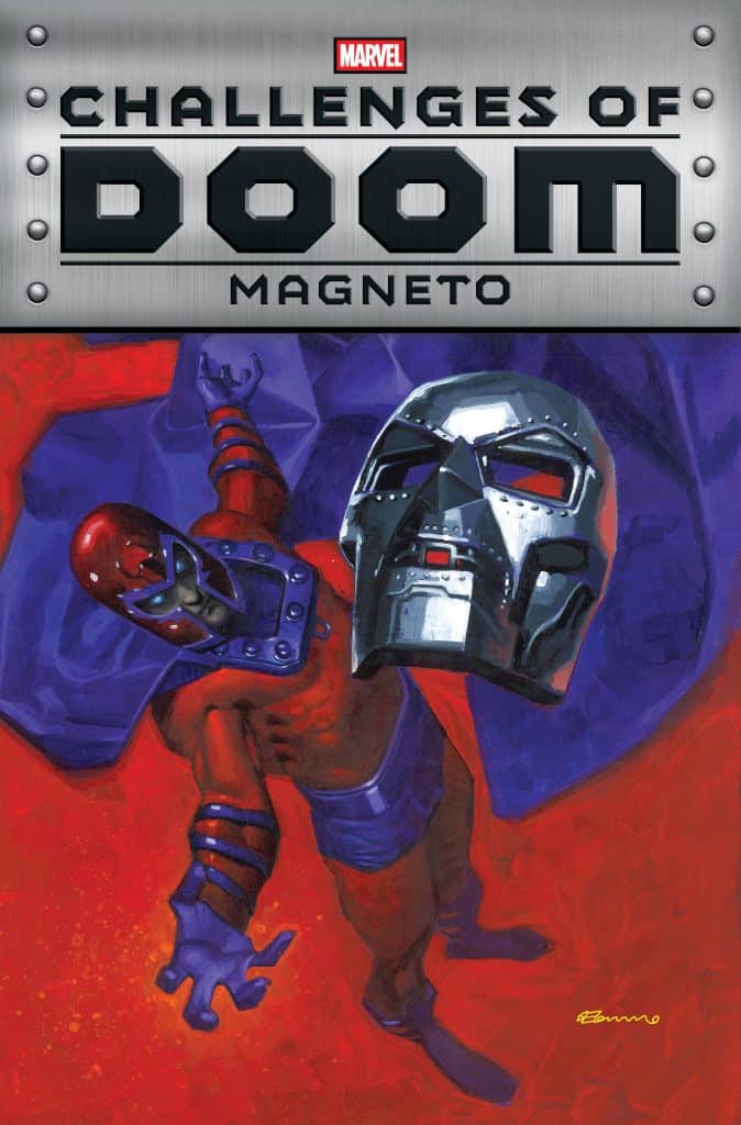 Comic book cover featuring Magneto from Marvel's 'Challenges of Doom' with a vibrant red background and dramatic poses.