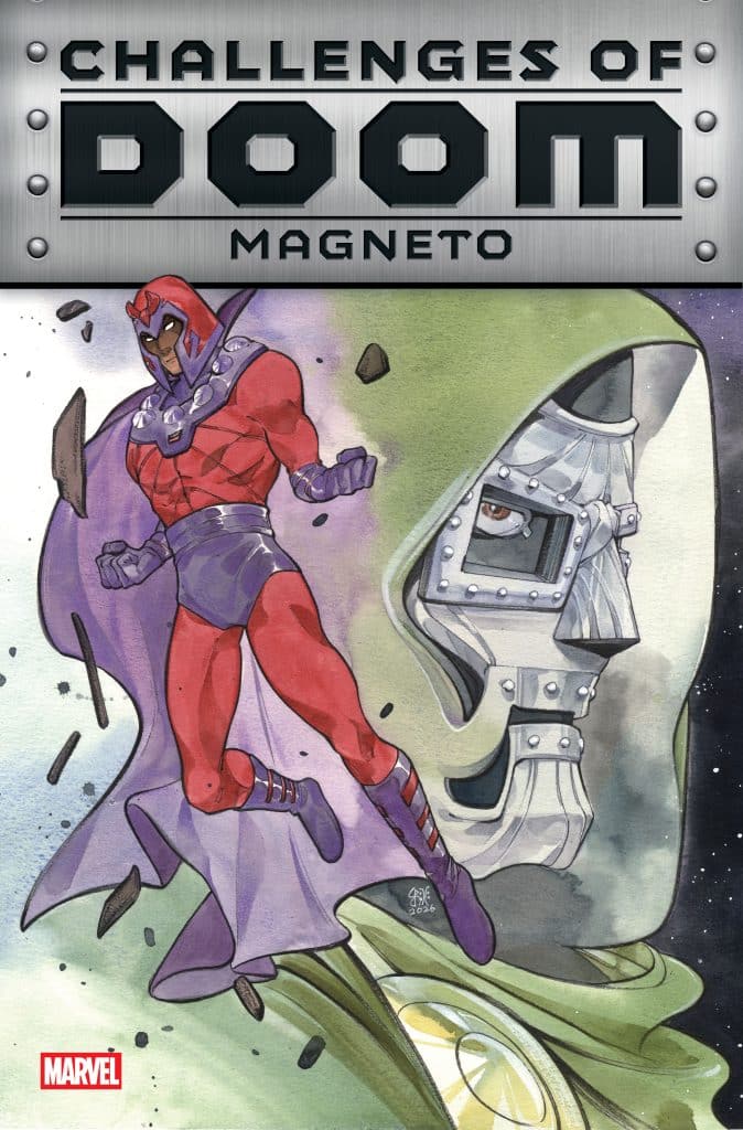 Cover of 'Challenges of Doom: Magneto' featuring Magneto in a dynamic pose with a cape and helmet, set against a backdrop that includes Doctor Doom's face and a cosmic background.
