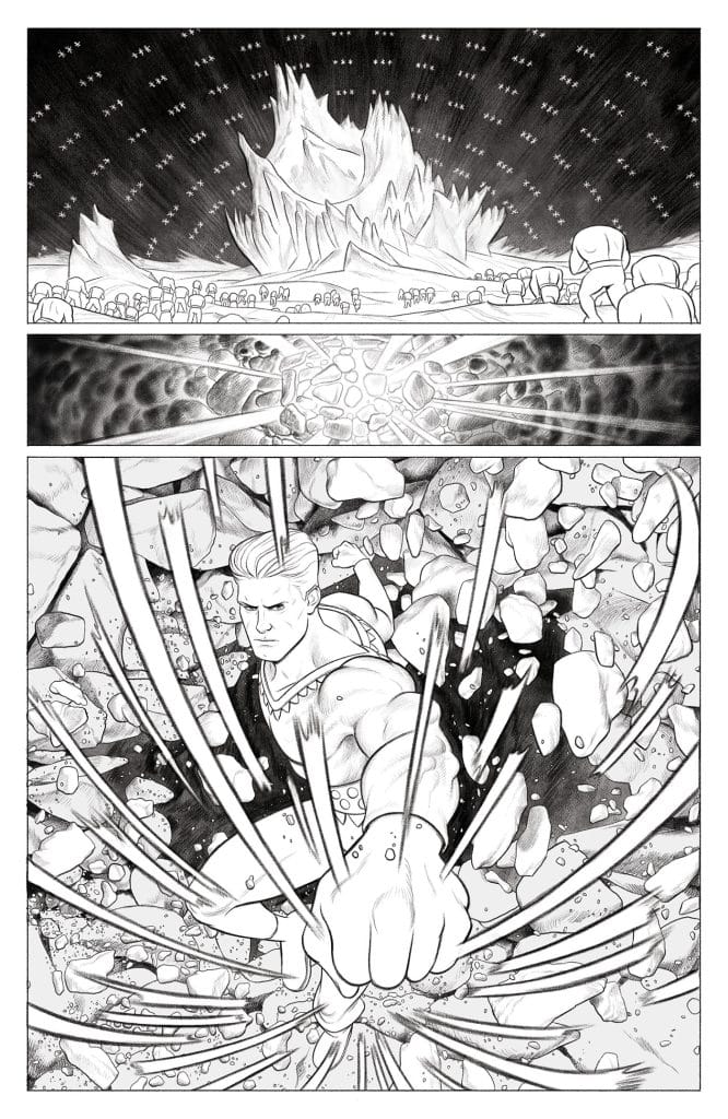 A comic book panel showing a large ice formation in the background with a crowd of small figures in front. In the foreground, a muscular hero is breaking through a rocky surface, demonstrating power and determination.