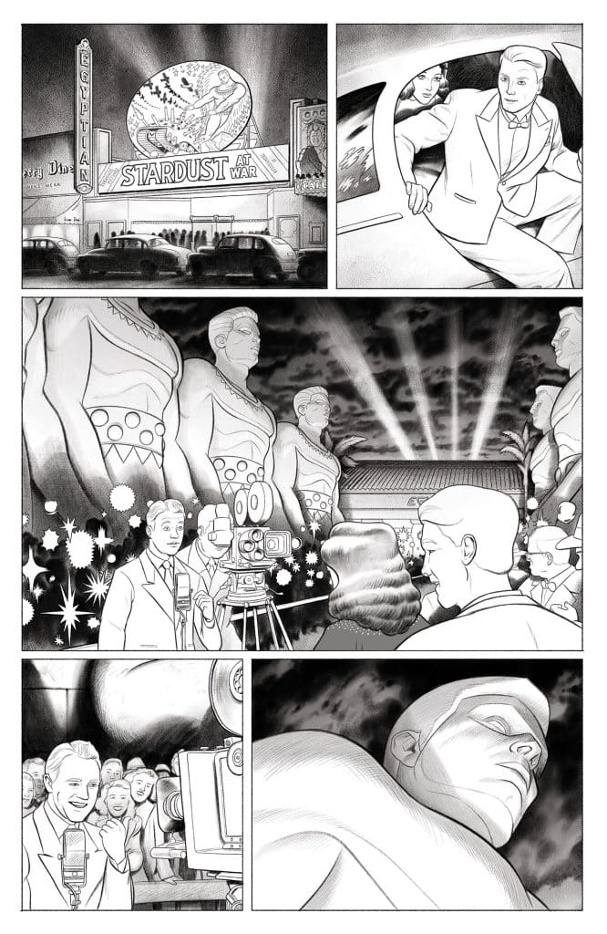 A black and white comic page depicting a bustling movie premiere outside a theater called 'Stardust at War,' with cars parked in front and figurative statues lining the scene.