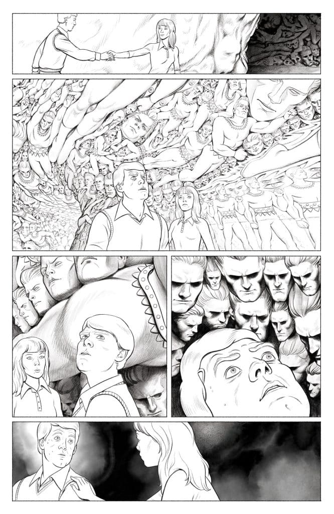A comic panel depicting a man and a woman shaking hands in the first frame, surrounded by a chaotic scene of numerous faces and bodies in subsequent frames, illustrating a sense of overwhelming emotions and thoughts.