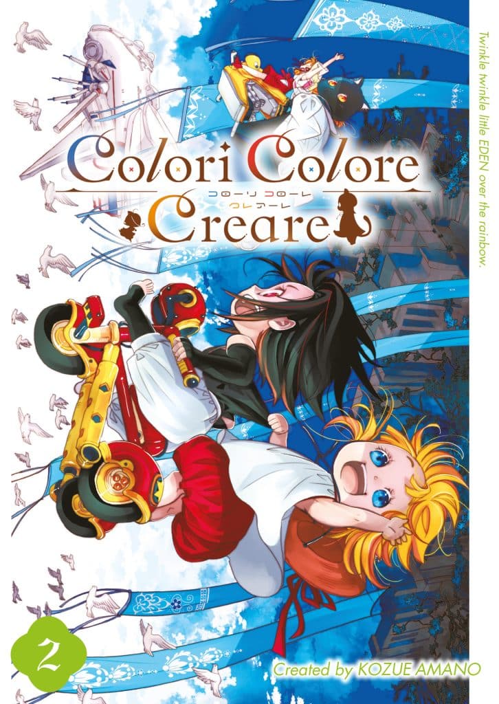 Cover illustration of the manga 'Colori Colore Creare' by Kozue Amano, featuring colorful characters in a whimsical scene with blue skies and birds, showcasing the number '2' prominently.