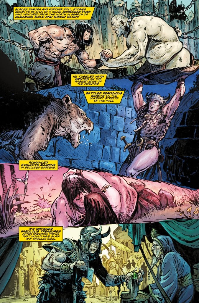 A comic panel depicting scenes of a young barbarian-thief involved in various adventures, including battling beasts and interacting with characters in a fantasy setting. The artwork features dynamic illustrations showcasing intense action and vibrant colors.